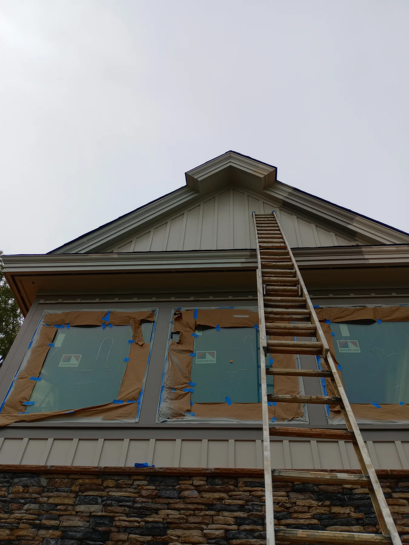 House gable and exterior siding with masked windows and ladder