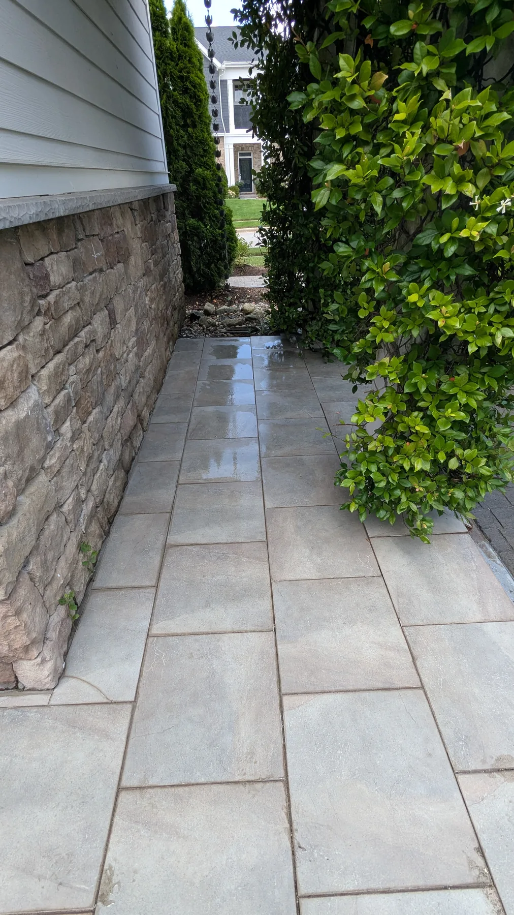 Clean narrow paver path along a house